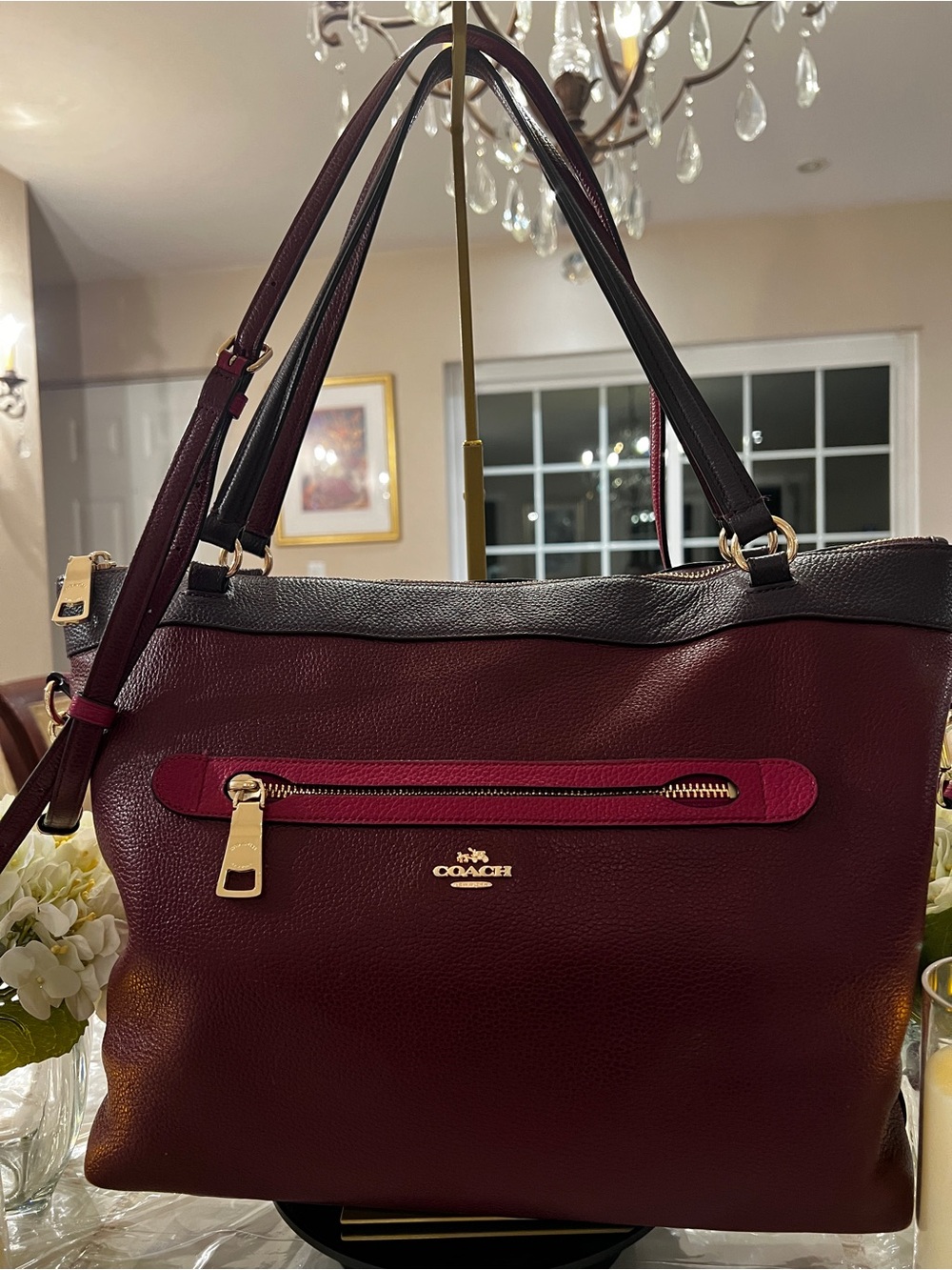 Coach Tyler Colorblock Burgundy Pebbled Leather Large Tote F57210
